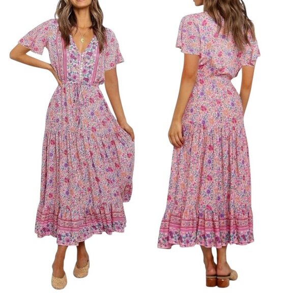 R Vivimos Tiered Floral Maxi Dress Sz.S Pink Short Sleeve Cottage Boho Romantic - Picture 16 of 16